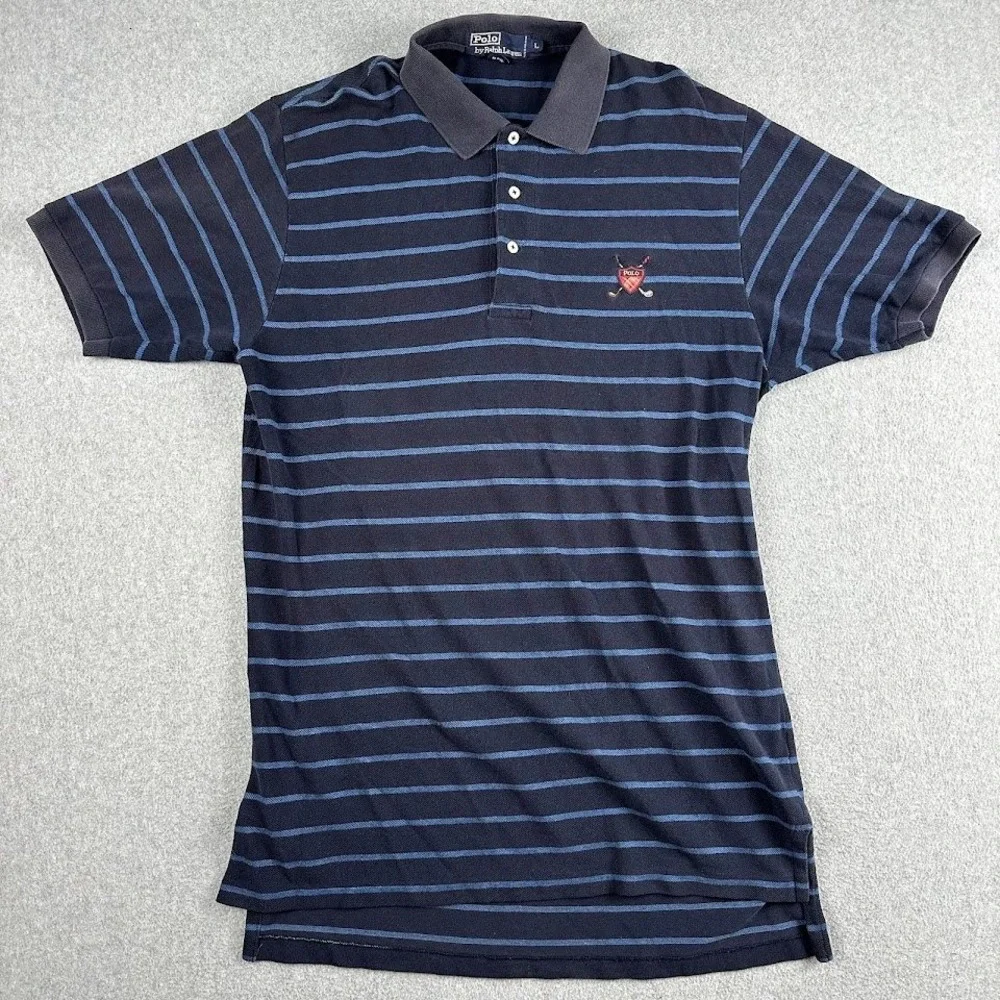 Polo Ralph Lauren Men's Navy Blue‎ Striped Golf Crest Polo Shirt Size Large